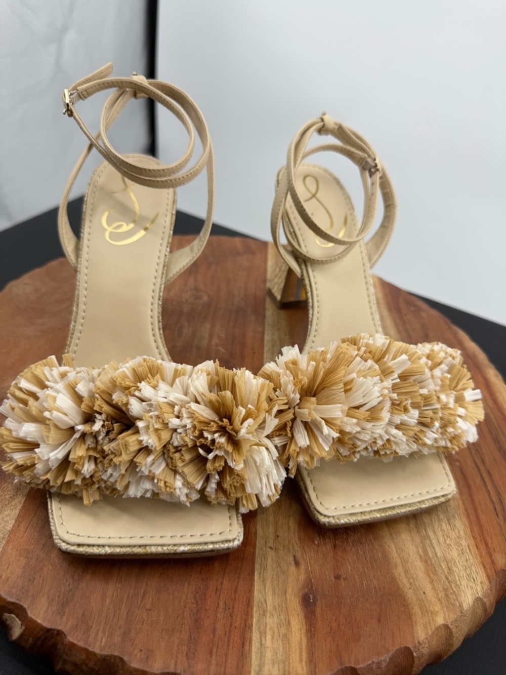 Sam Edelman Clare heel Sandals square toe raffia pom-pom ankle strap 6.5 - Picture 7 of 11